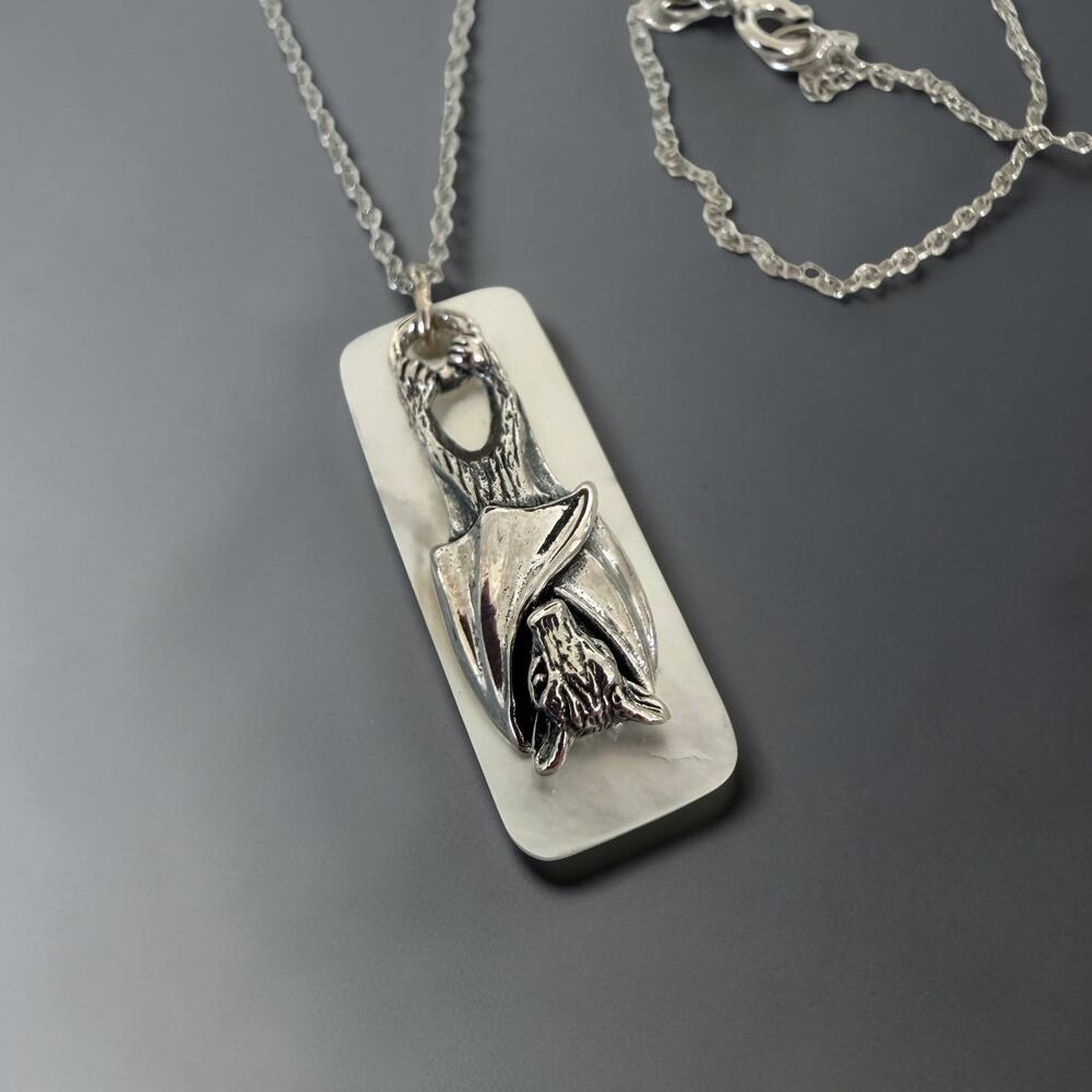 Sterling Silver Bat Pendant Mother of Pearl 18" Chain Gothic
